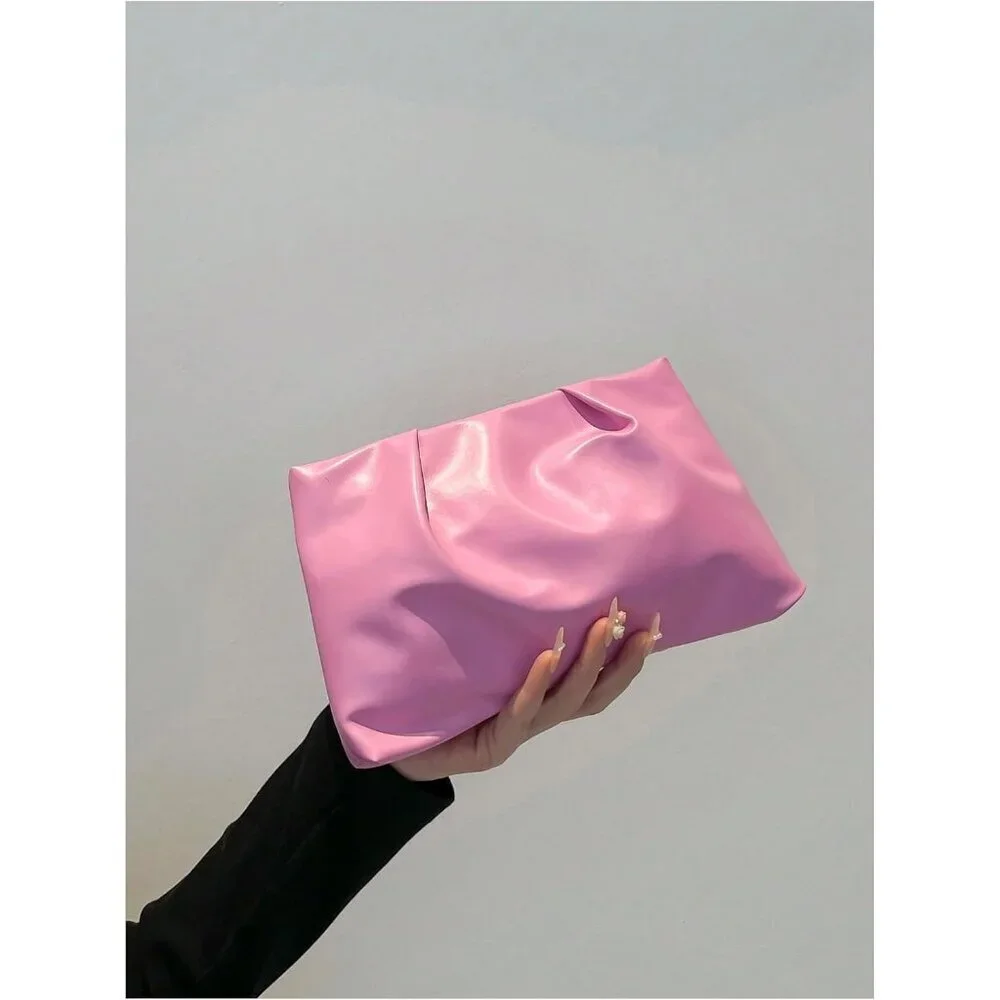Women's Pink PU Leather Small Zipper Ruched Minimalist Smooth Casual Handbag